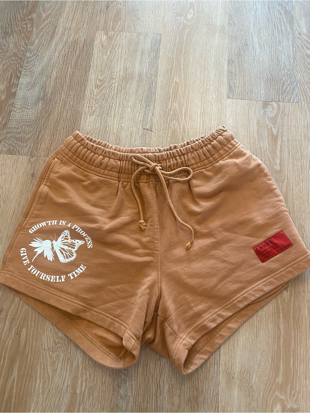 CHNGE Burnt Orange Drawstring Athletic Shorts with White Butterfly Graphic